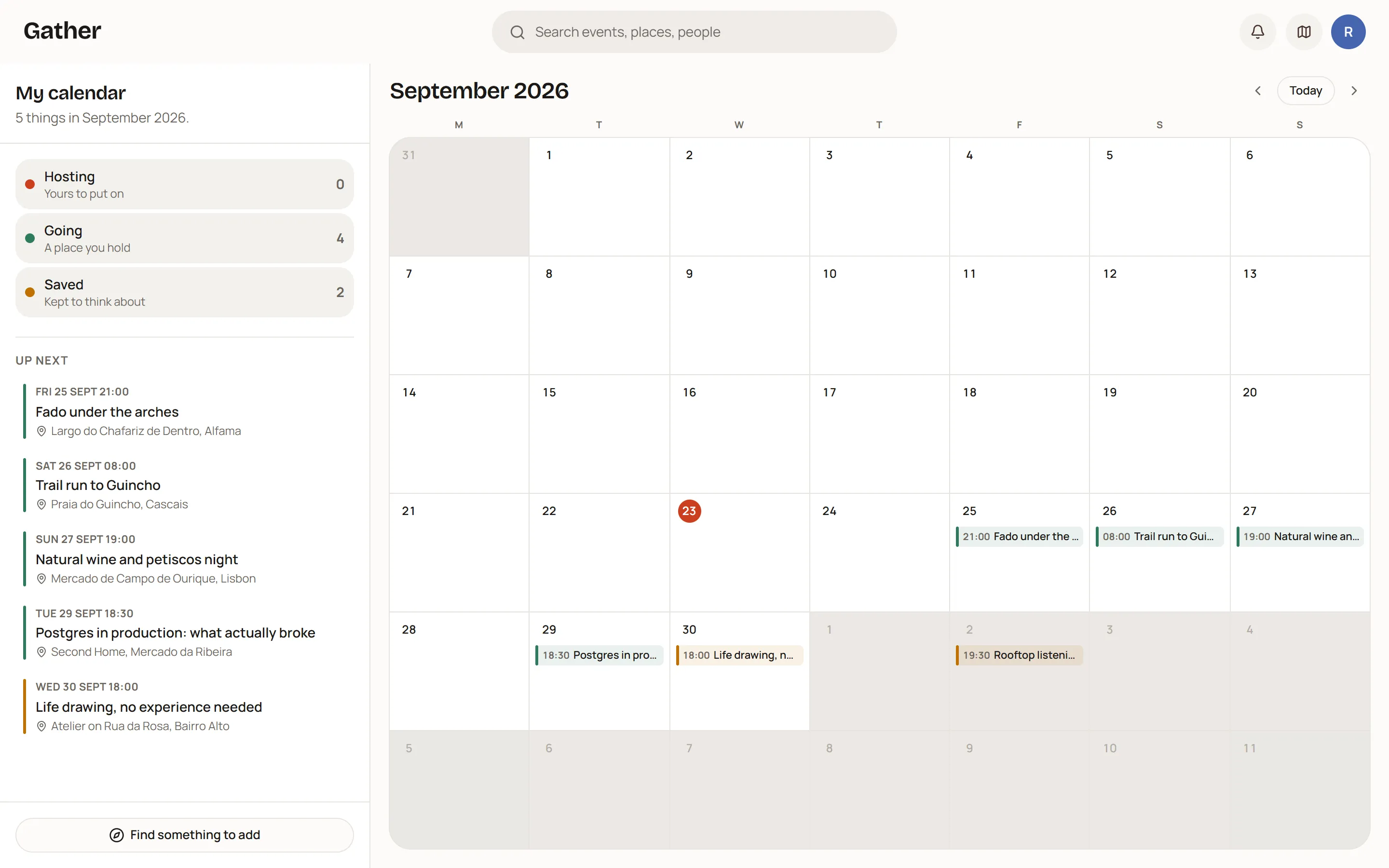 Your calendar in the app: a month grid with the events you are hosting, going to and have saved, and a panel beside it with what is next.