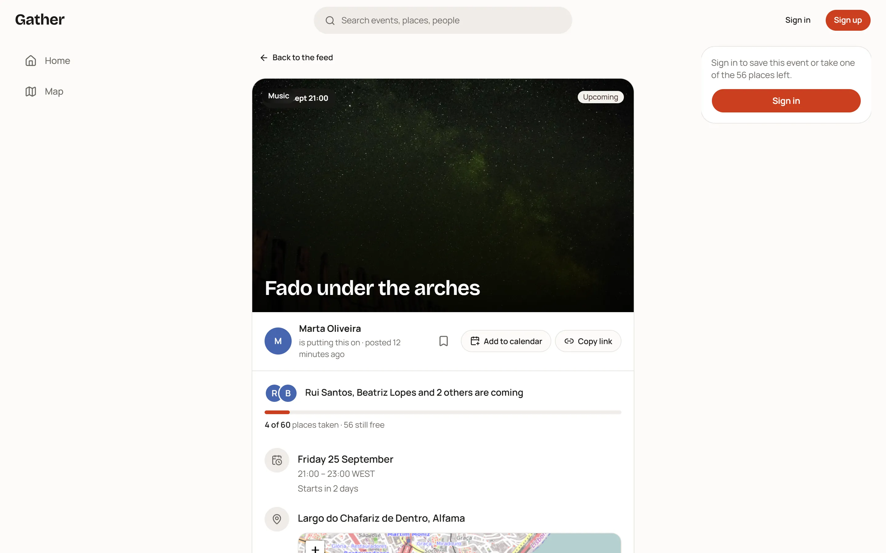 An event's page in the app: the cover photo carries the title, then when and where, who is coming, the places left, and a button to take a place.