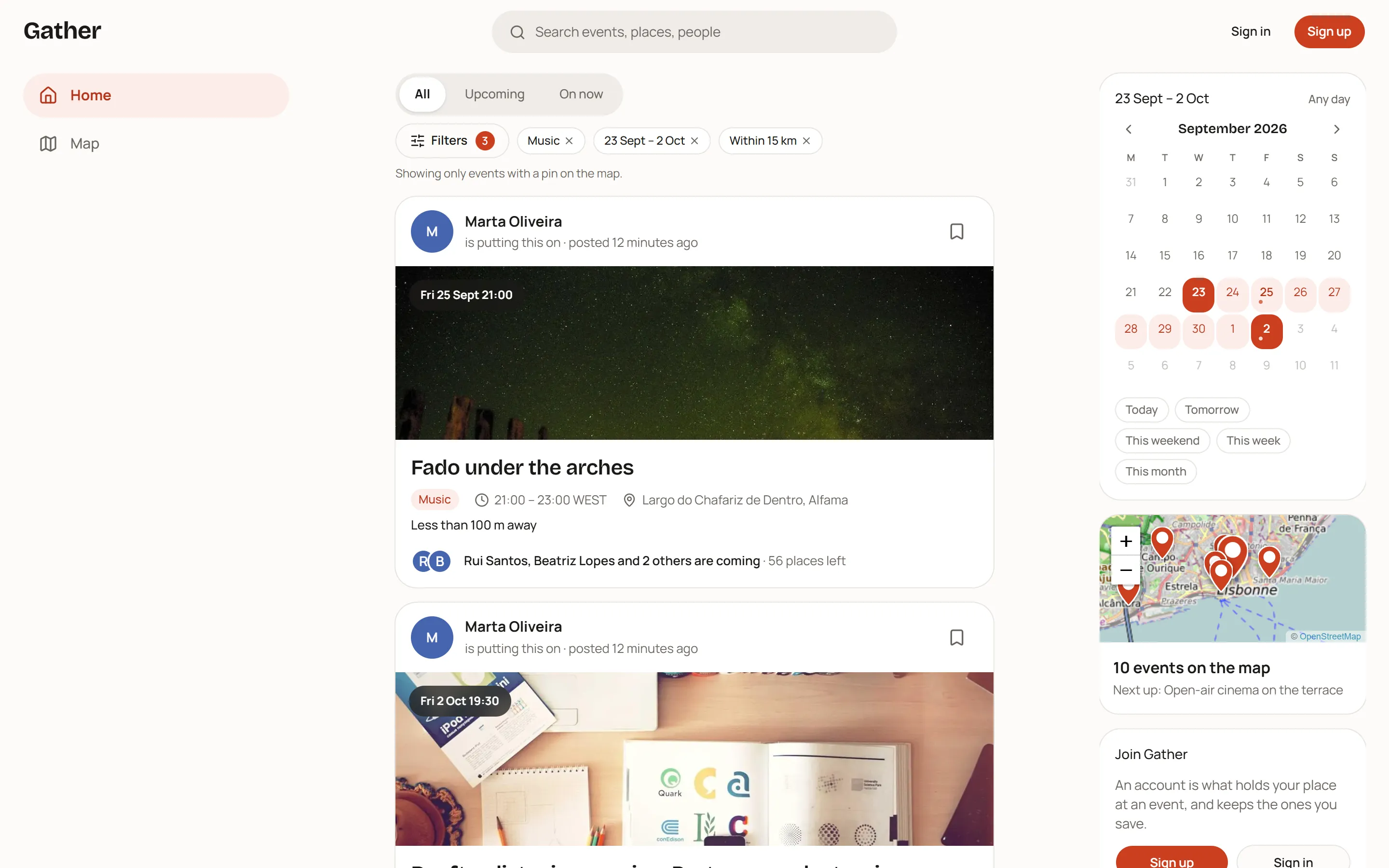 The feed narrowed by the filter panel: a calendar with dots on the days that have events, a choice of kinds, and a distance.