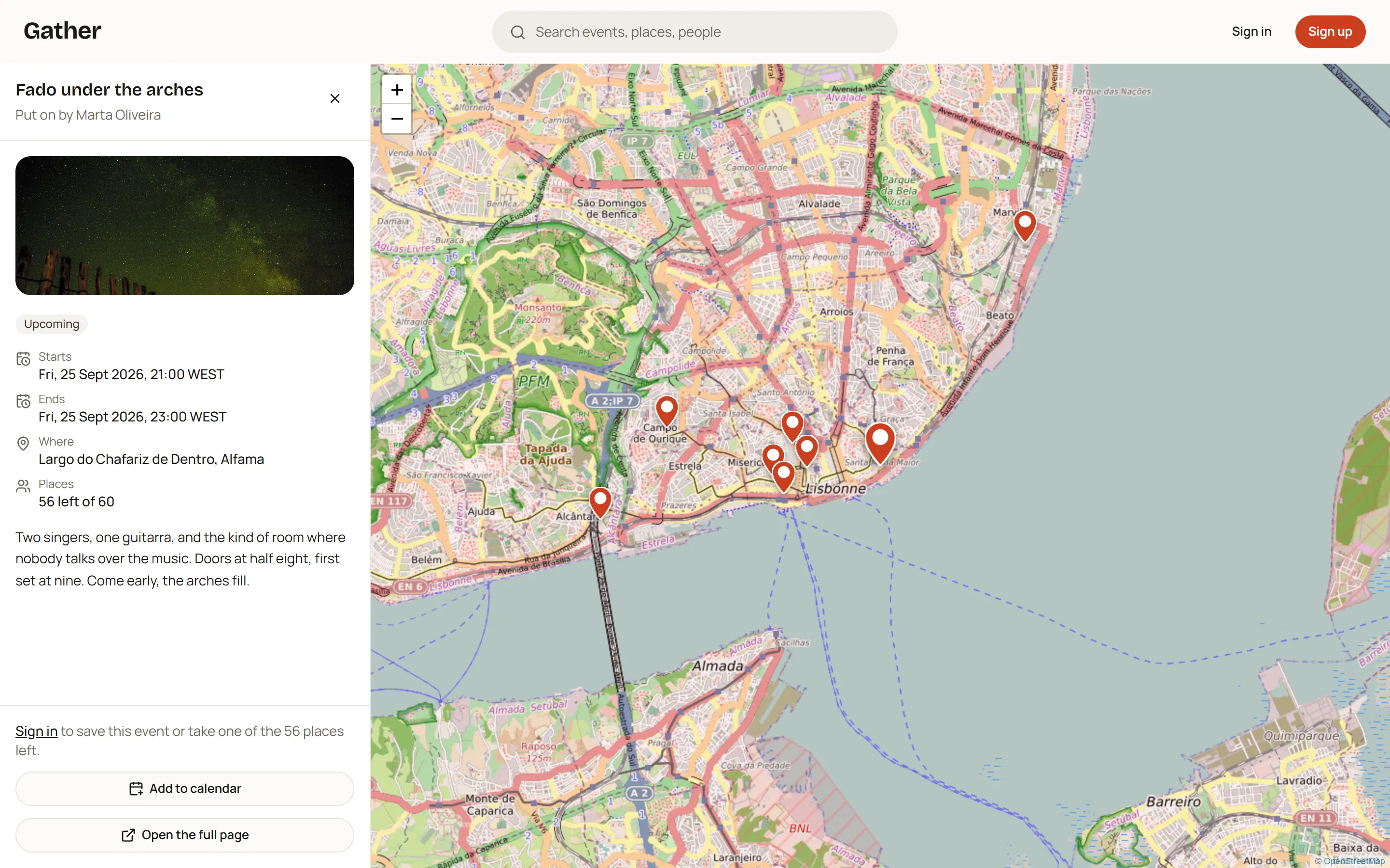The map page: pins for every event in view, with the chosen event's card beside the map.