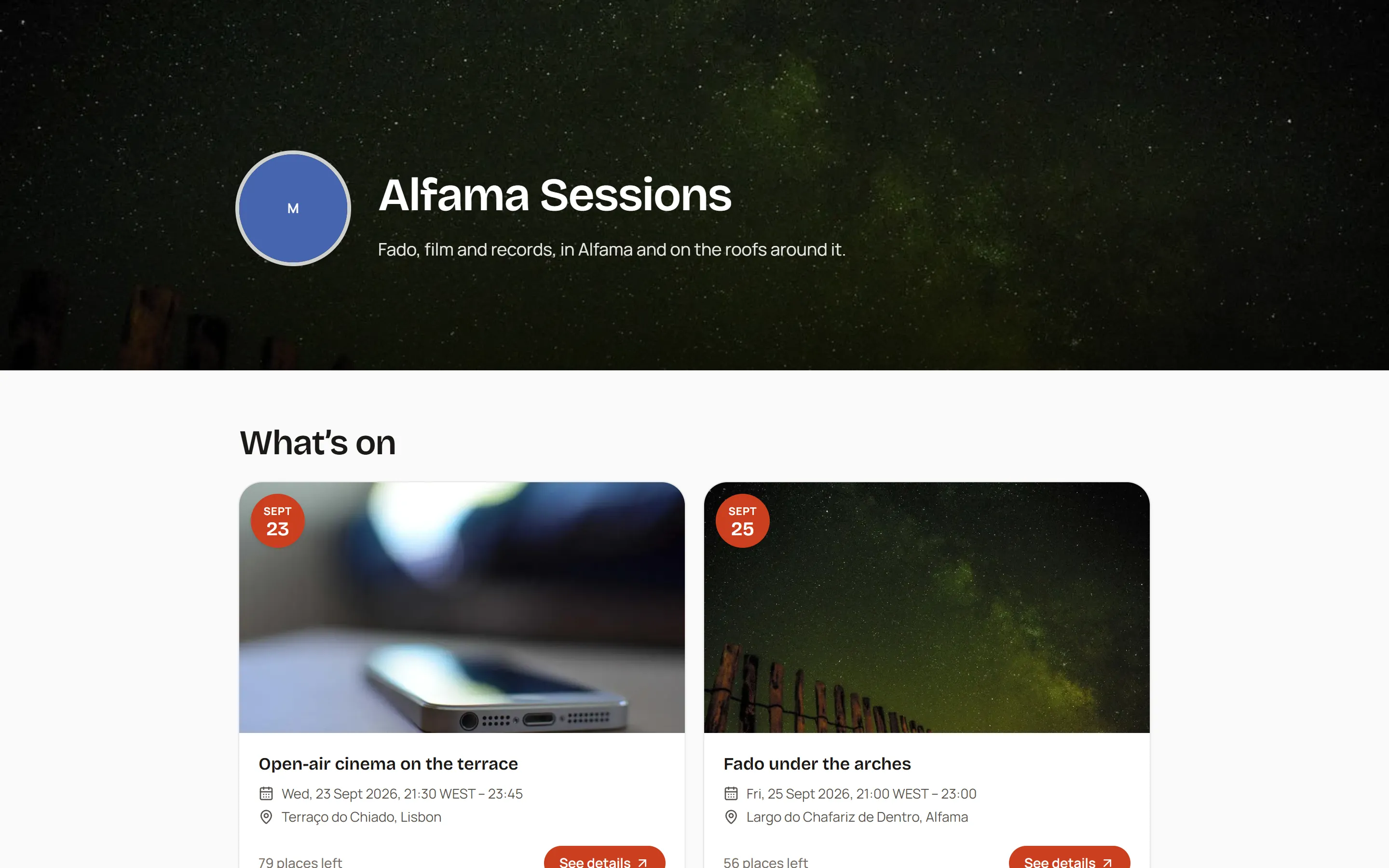 An organizer's own website, built from blocks: a hero over a picture, the organizer's upcoming events, and a Take part button.